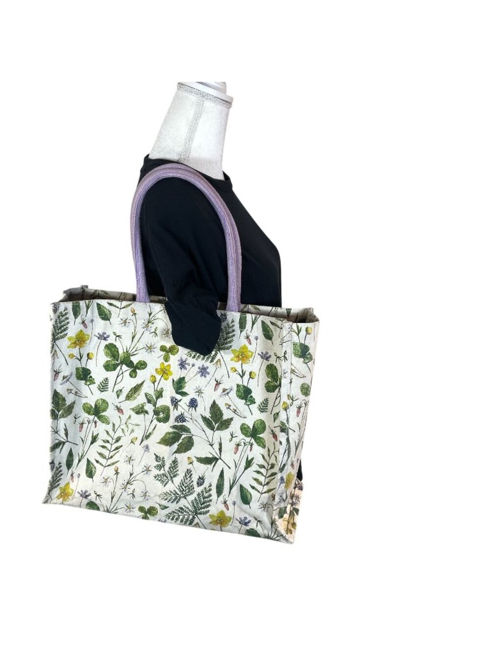 Eccolo Canvas Botanical Floral Tote Bag Lavender Handle Reusable Multifunction